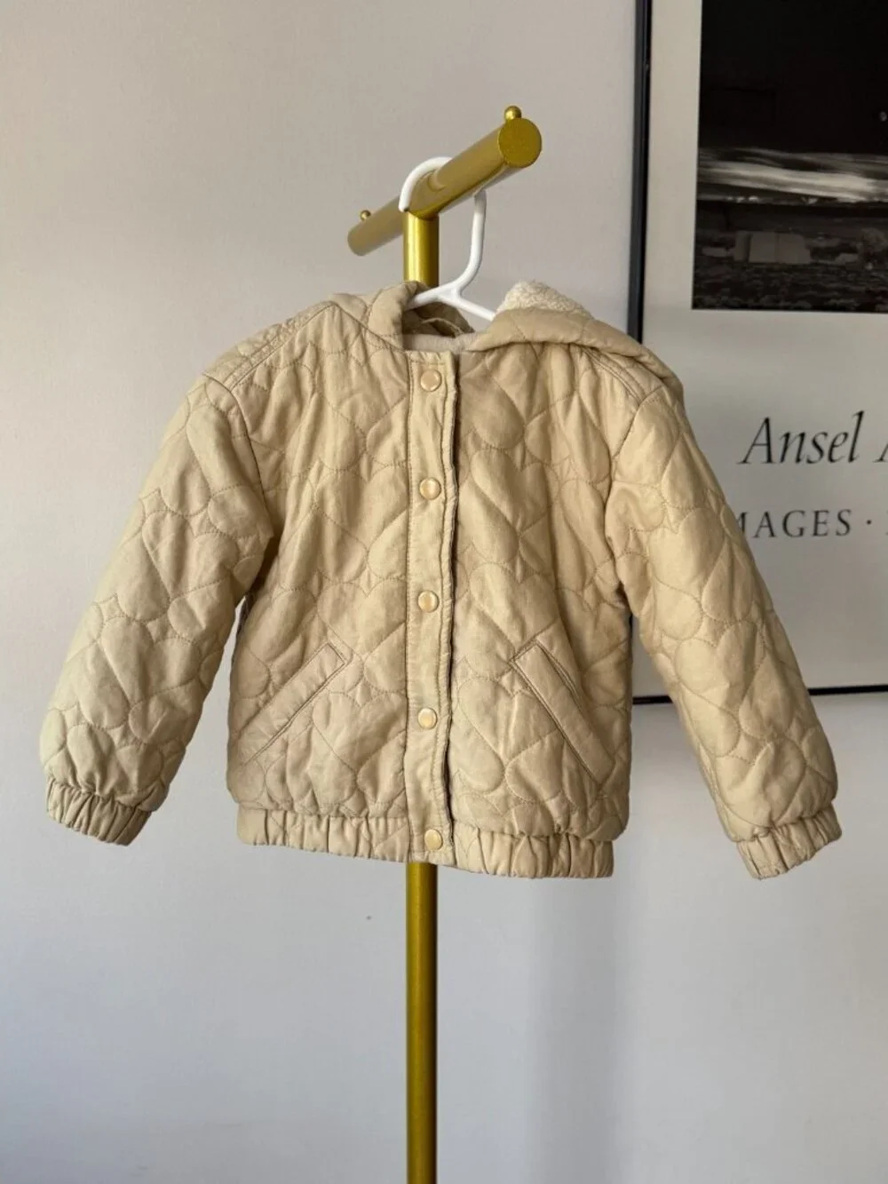 Toddler 3T Quilted Boho Jacket Beige Heart Print Button Up Cotton Lined